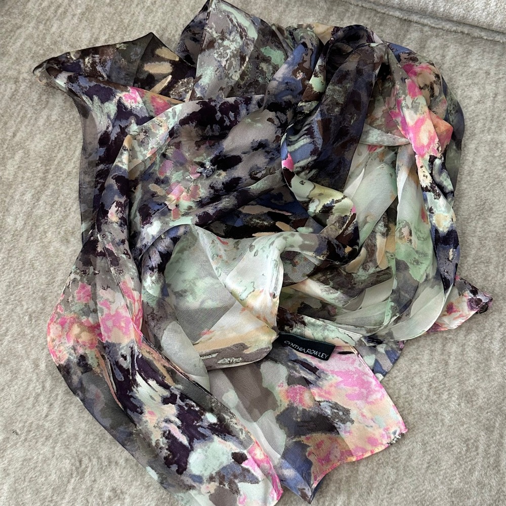 Cynthia Rowley 100% Silk Scarf Watercolor Pastel Floral Print Rectangle‎ 66 x 14